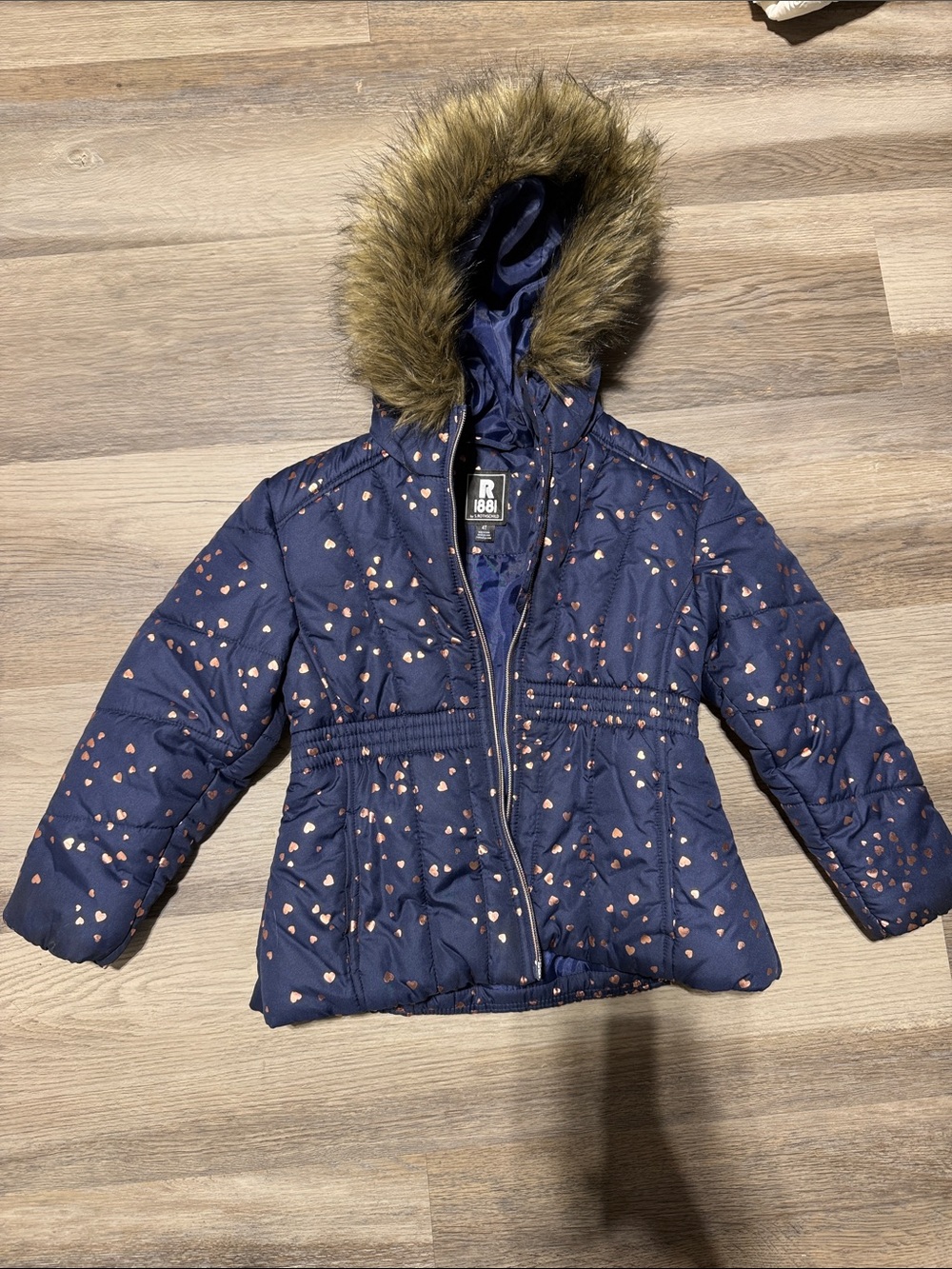 Girls' Navy Hooded Puffer Jacket with Rose Gold Hearts